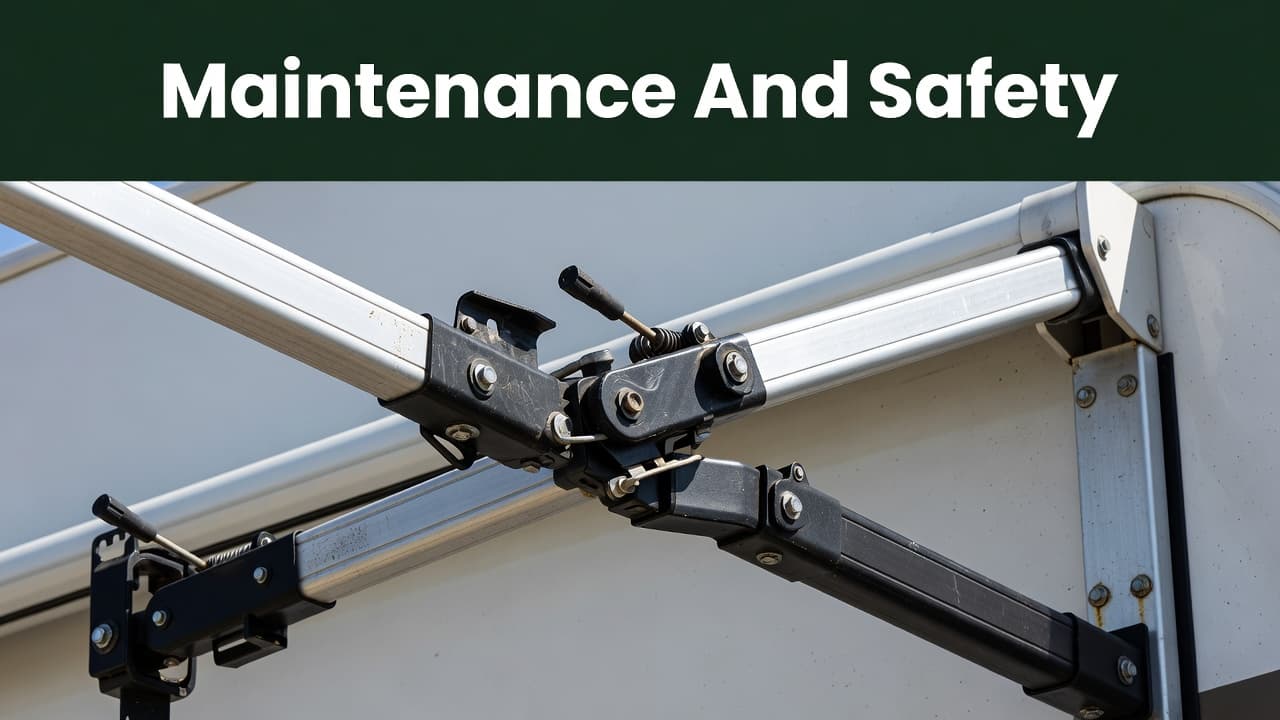 The close-up reveals the complex metal joints and locking lever of a vehicle awning system. A dark green header band displays white text regarding safety protocols above the exposed mechanical hardware.