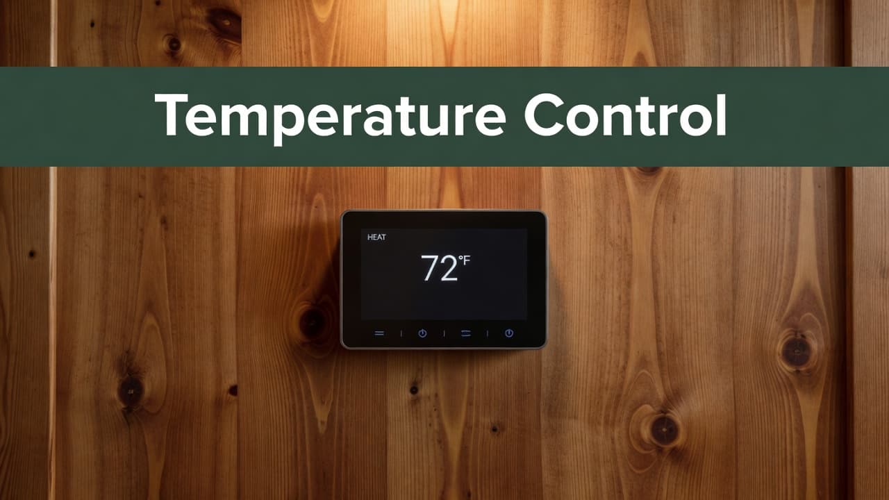 A sleek digital thermostat screen with a dark green accent strip is mounted flush against a textured wooden interior wall. Soft ambient light highlights the unit's modern interface and clean lines.