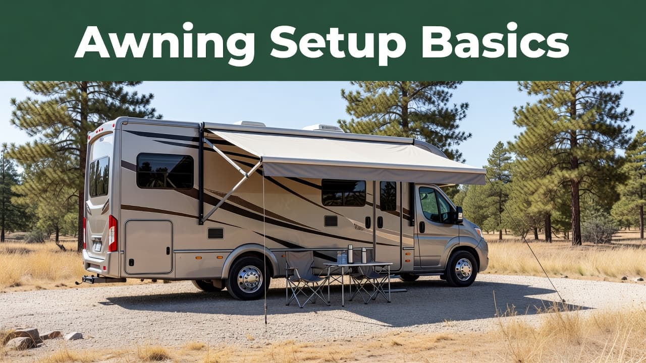 A sleek recreational vehicle sits parked on a gravel campsite with its full-length fabric awning extended to create a shaded lounge area. The scene features lush trees under bright daylight.