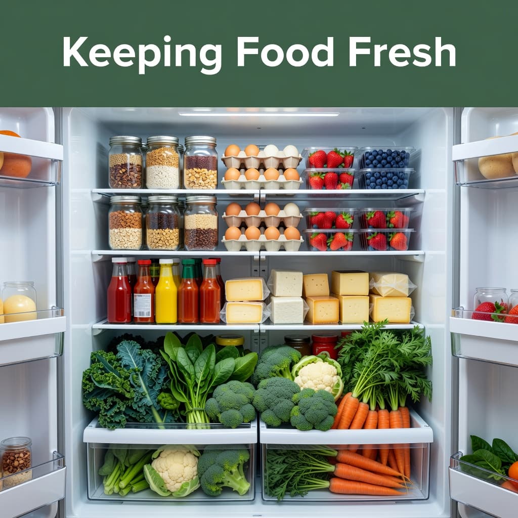 A well-organized RV refrigerator features neatly arranged glass containers filled with colorful fresh produce, dairy products, and bottled beverages. The shelving is clean and bright, showcasing efficient storage for mobile living.