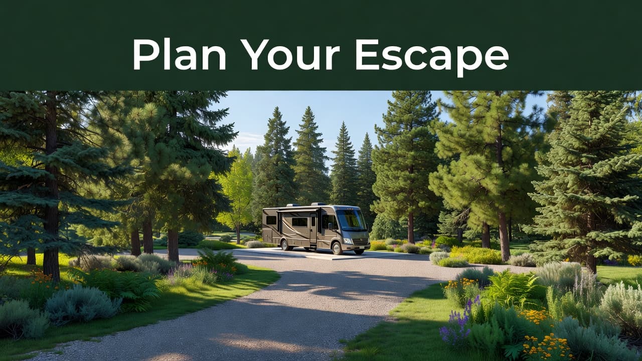 A pristine recreational vehicle rests on a gravel pad surrounded by lush, tall trees. The clear morning light illuminates the natural landscape, creating a quiet and inviting space for peaceful travel.