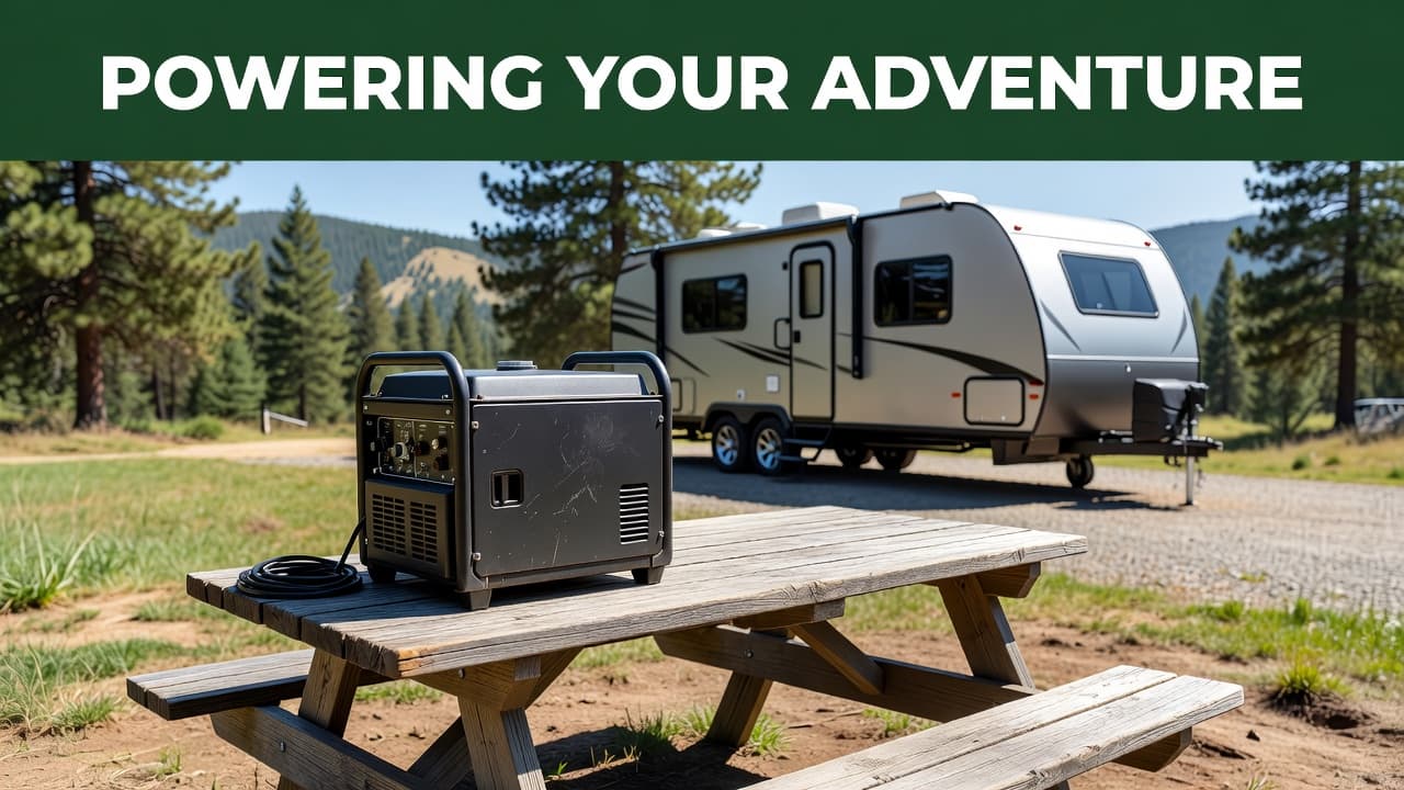 A compact portable generator rests on a weathered wooden picnic table under bright sunlight. A sleek travel trailer sits in the background, framed by a dark green headline banner above.