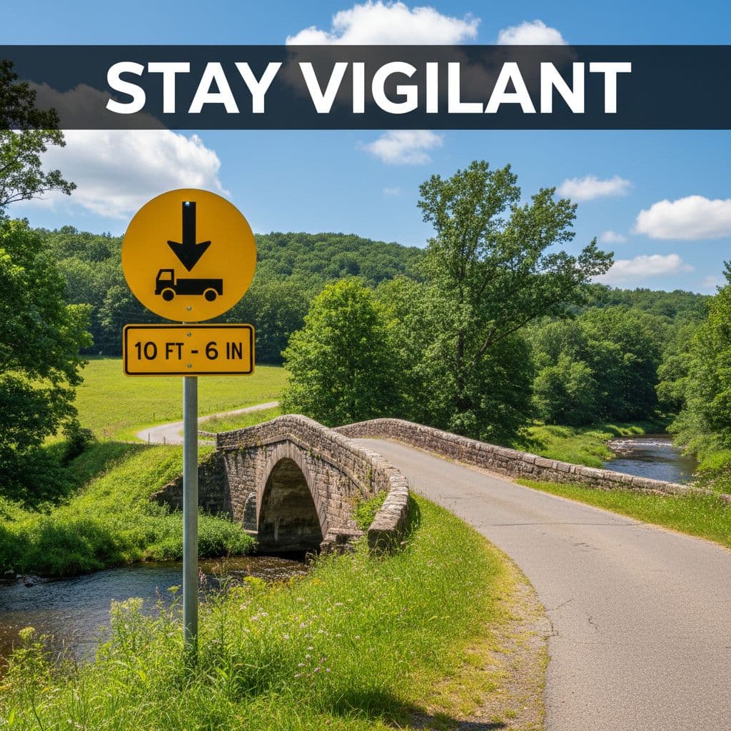A bright yellow clearance sign stands prominently before a rural road bridge under a clear blue sky. The bold headline Stay Vigilant appears across the top of this professional editorial photograph.