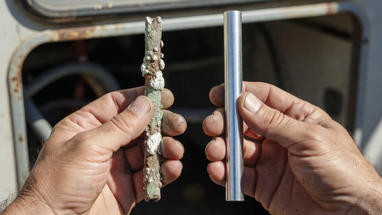 A pair of hands holds a heavily corroded, depleted RV water heater anode rod alongside a pristine, new metallic replacement rod. The image highlights the extreme texture difference and material erosion.