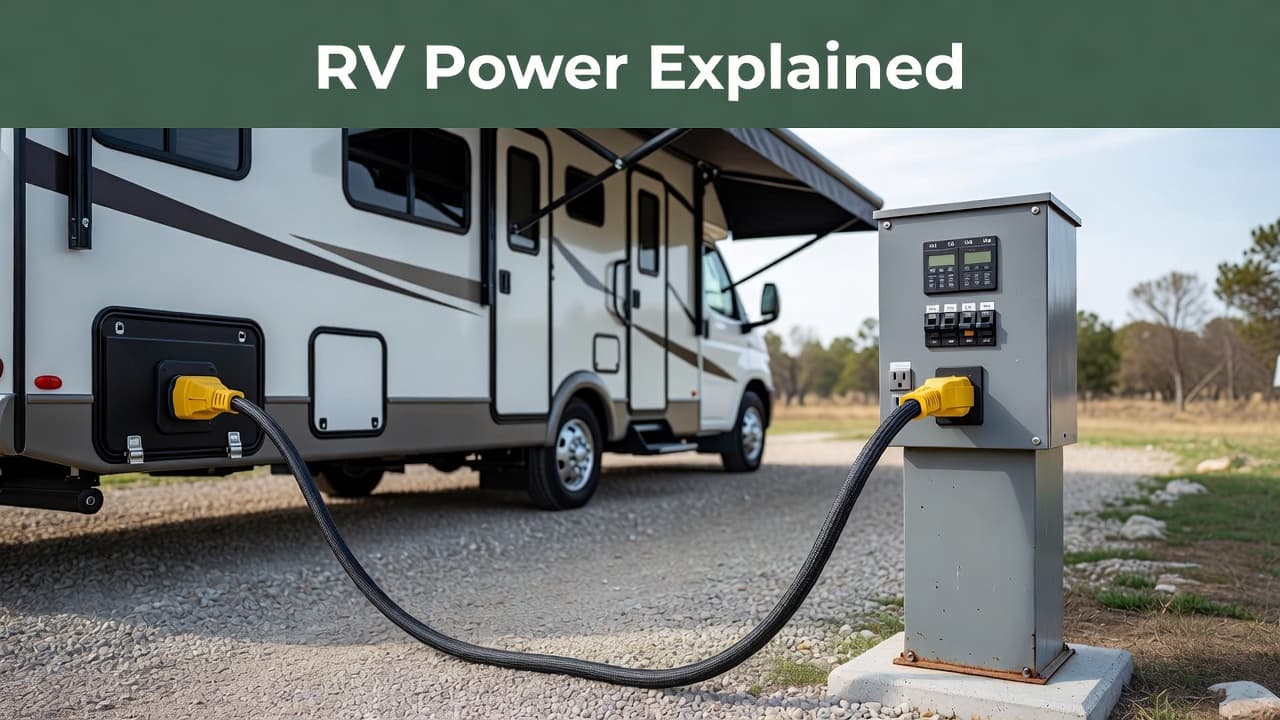 A heavy-duty yellow power cable connects a modern recreational vehicle to a gray electrical pedestal at a campsite. The setup includes a dark green banner labeled RV Power Explained above.