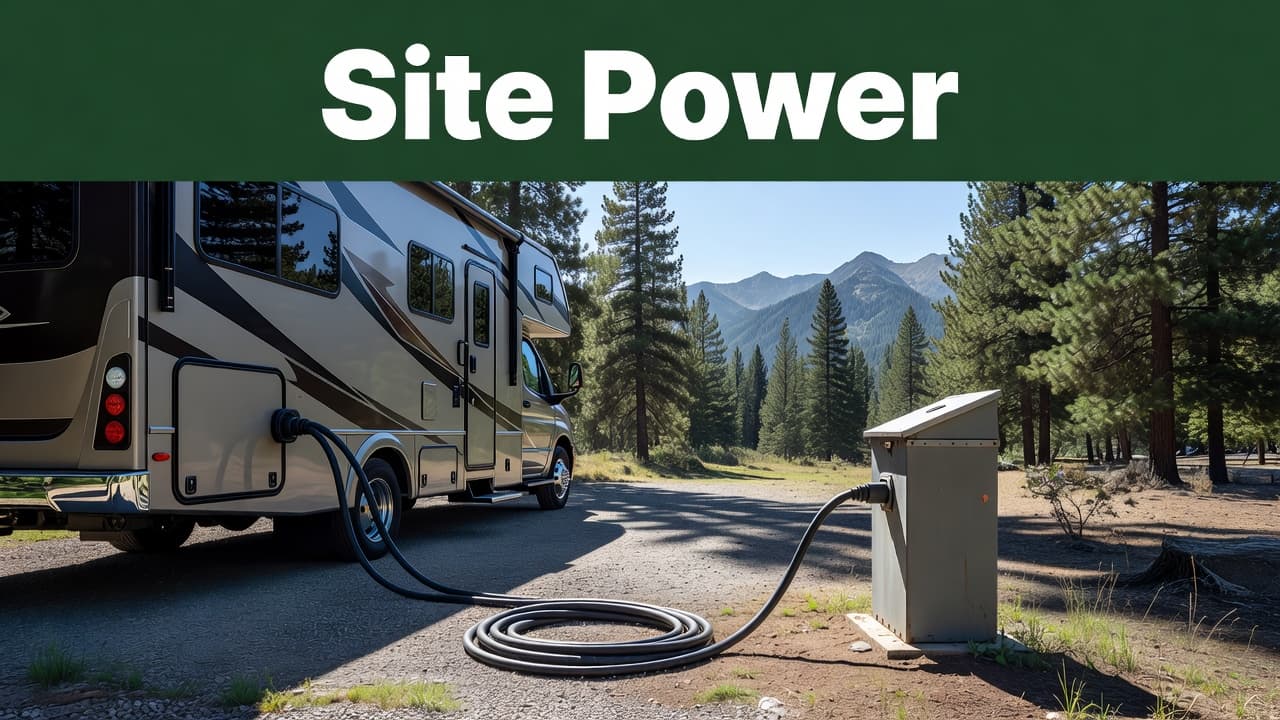 A recreational vehicle sits at a sunny outdoor campsite with a heavy-duty yellow power cable neatly plugged into a gray electrical pedestal. Lush green trees frame the clear blue sky background.