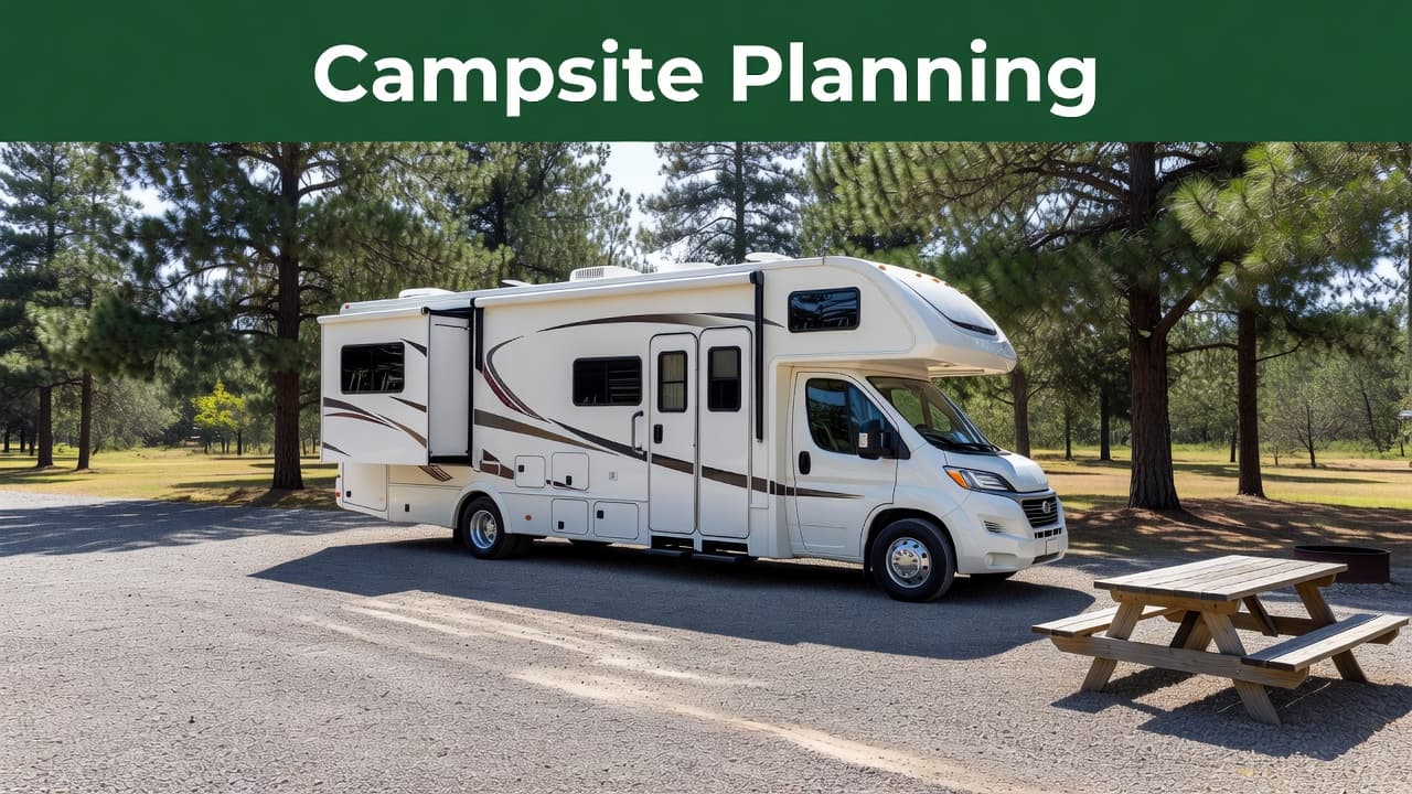 A large recreational vehicle sits on a gravel campsite with its slide-outs fully extended. A green header bar with the text Campsite Planning displays at the top of the wide composition.
