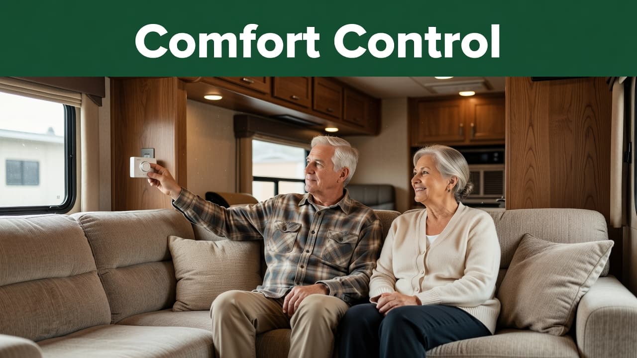 An older couple relaxes inside a cozy recreational vehicle as they adjust a wall-mounted thermostat. Above them, a decorative dark green horizontal band features bold white text labeling the comfort control system.