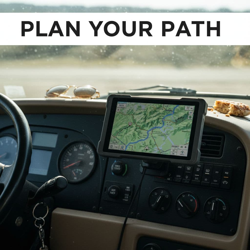 A close-up view of an RV dashboard reveals a glowing GPS screen mapping a travel route. Bright sunlight streams through the windshield onto the console, highlighting the navigation device display.