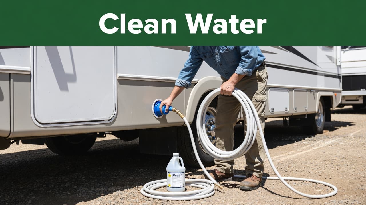 A person stands beside an RV water connection while preparing to sanitize the tank with a bleach bottle and hose. A dark green band with bold text sits above the outdoor scene.