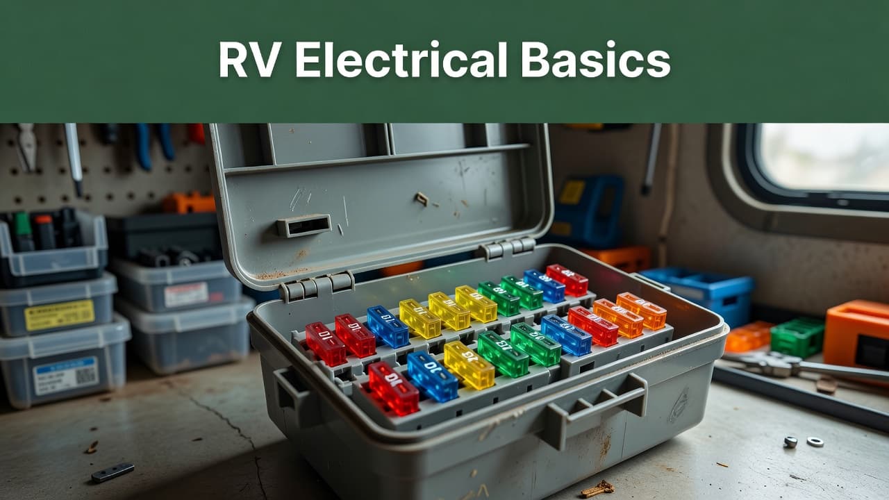 A close-up view of an open recreational vehicle electrical panel featuring orderly rows of multicolored blade fuses. A dark green header bar at the top displays bold white informational text.