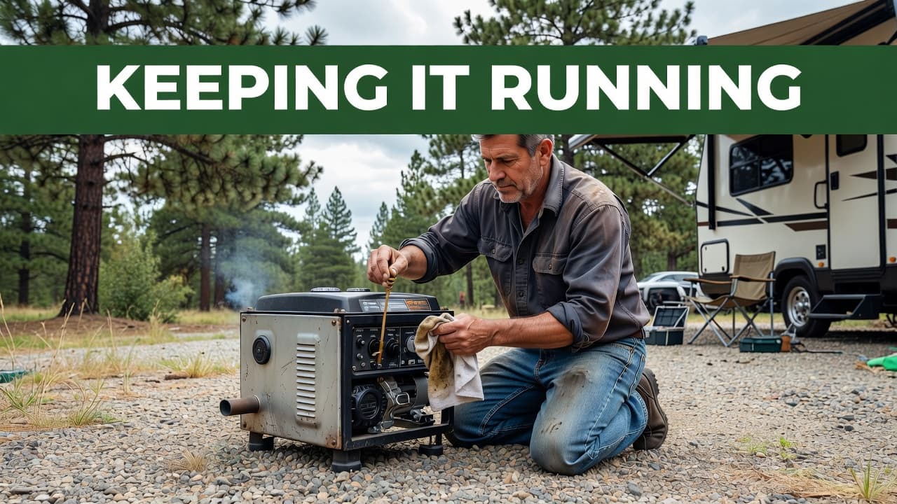 A person inspects the oil level of a portable generator using a clean rag on a gravel campsite. The scene features a green header with white text above the mechanical setup.