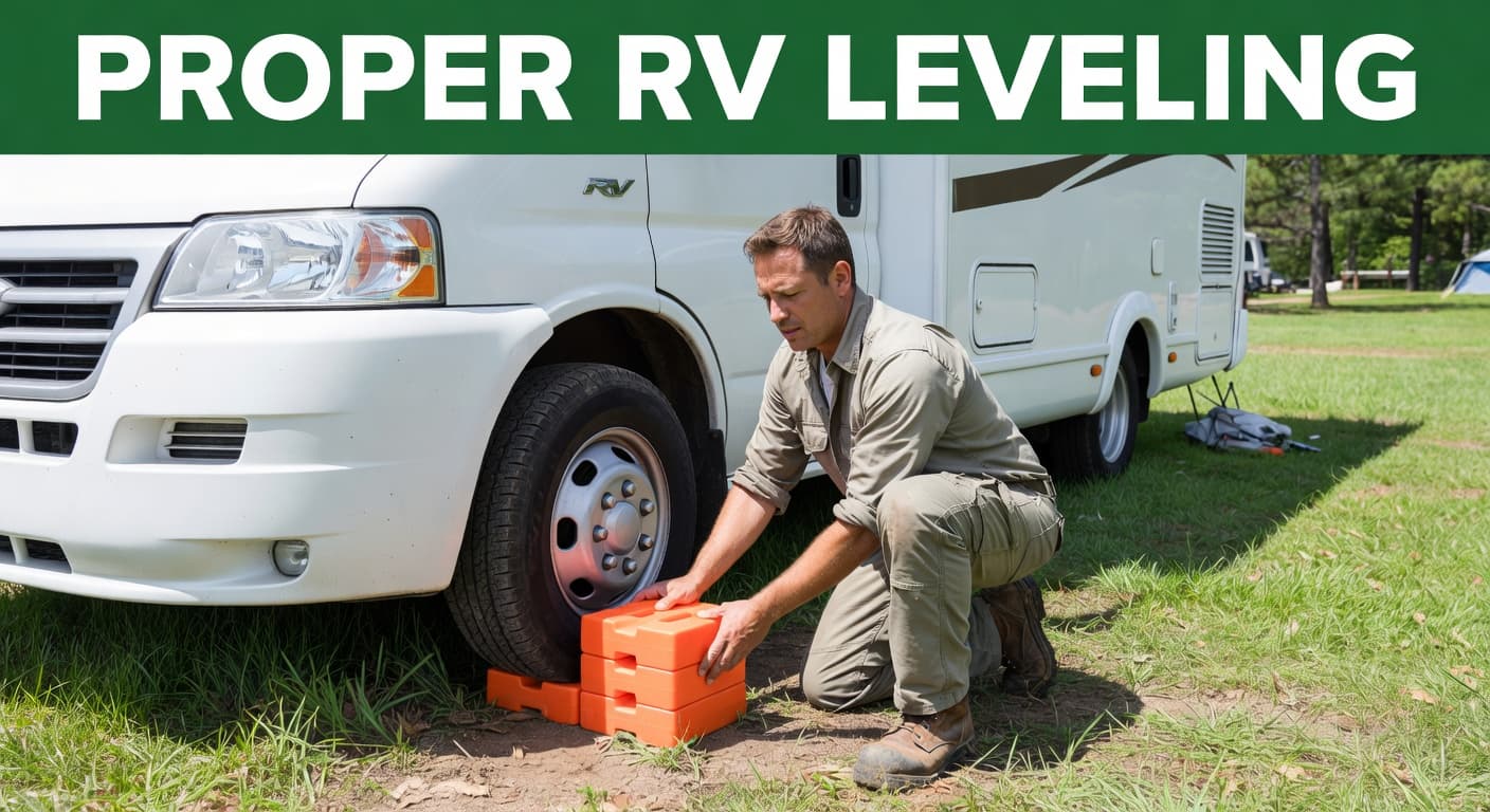 A person kneels on the grass beside a white motorhome, positioning orange plastic leveling blocks beneath the front tire. A dark green header text block overlays the top of the scene.
