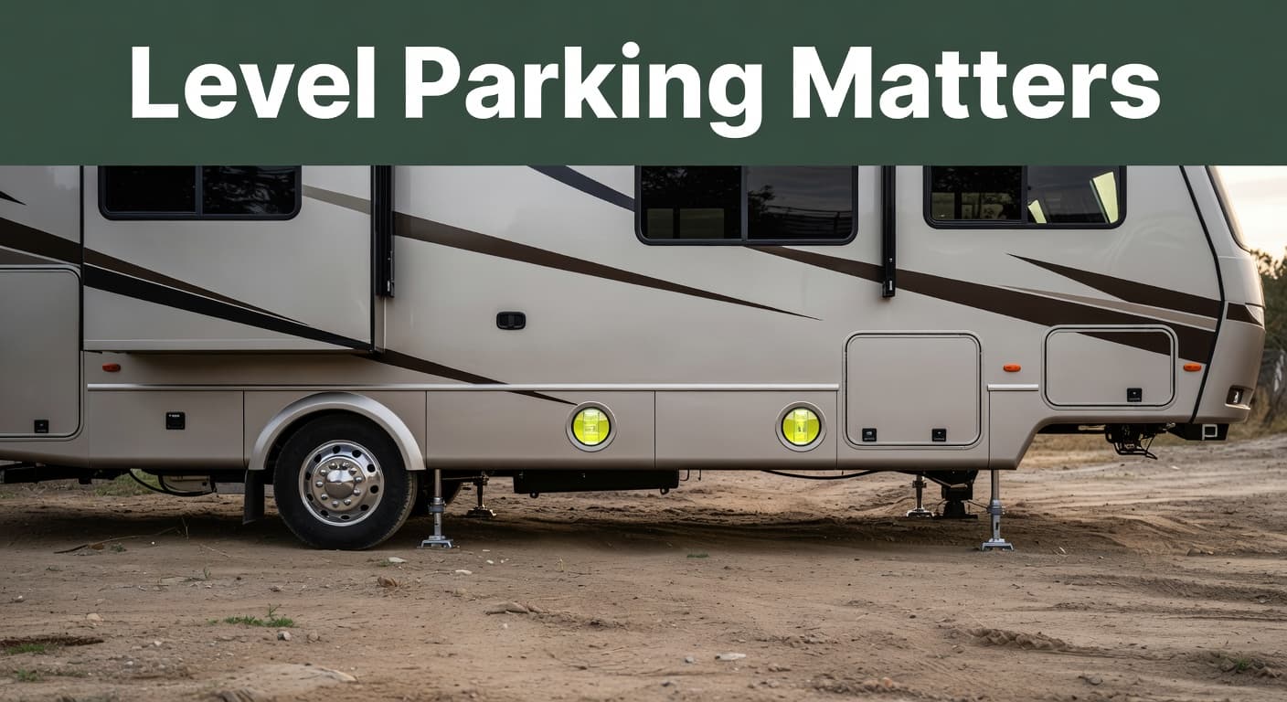 A side view shows a modern RV parked on uneven ground with bright yellow level bubbles clearly visible on the exterior wall. A dark green header emphasizes the importance of stability.