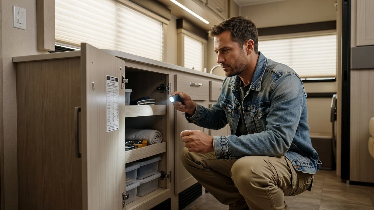 A person leans into an open overhead cabinet inside a modern recreational vehicle. They are carefully inspecting a small white capacity label attached to the interior wall under soft indoor lighting.
