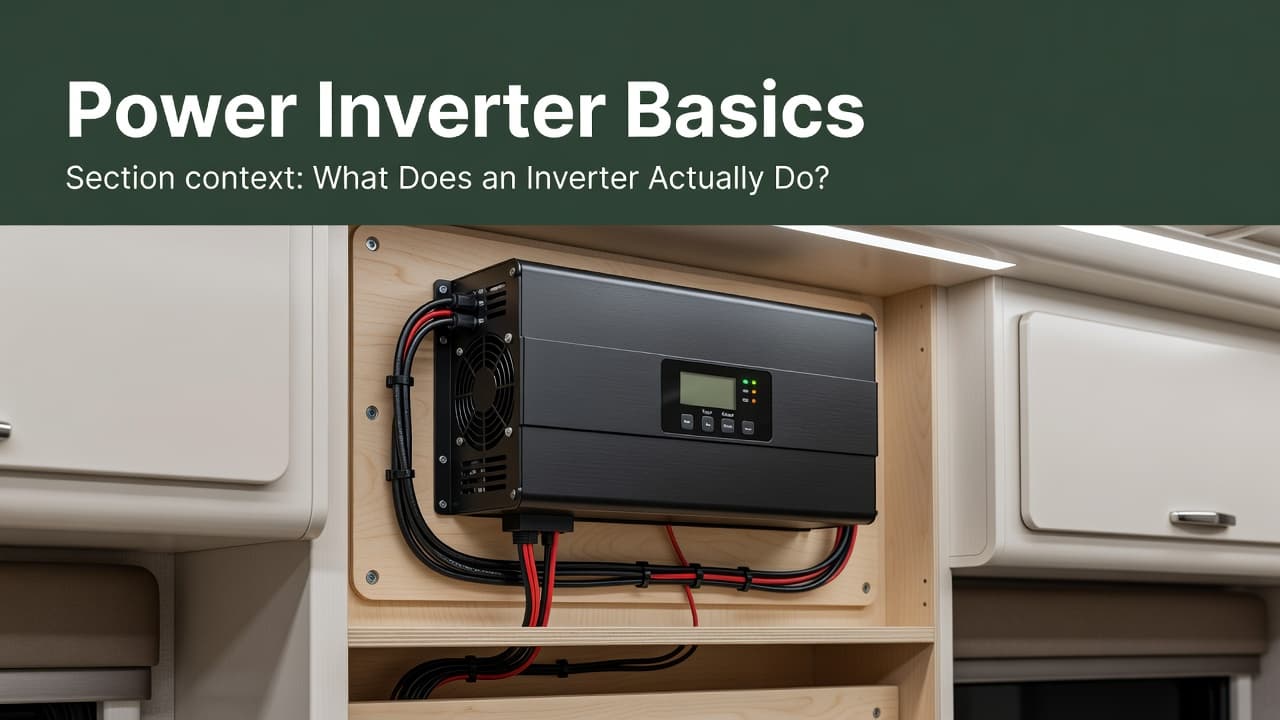 A professionally installed power inverter sits neatly within a clean storage bay. A dark green header at the top clearly labels the compartment, showcasing organized wiring and hardware for mobile power.