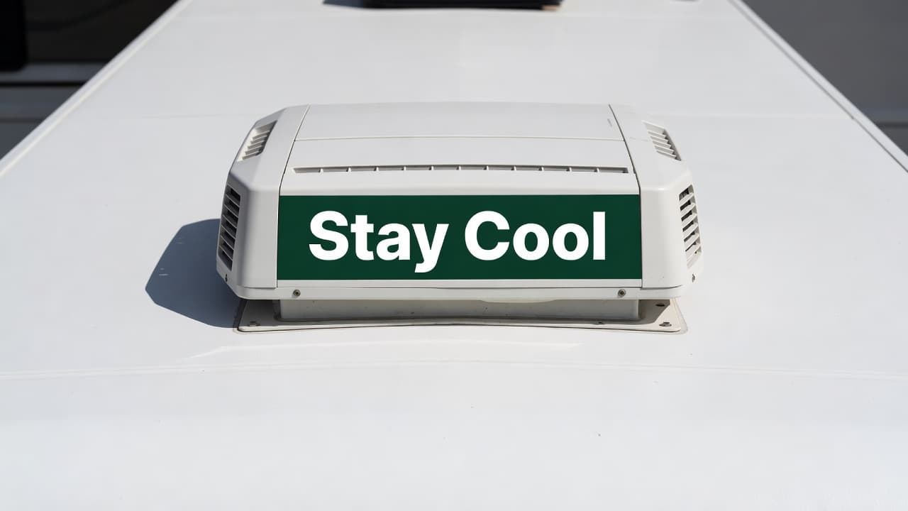 A low-profile white air conditioning unit sits centered on a pristine, flat RV roof. A bold dark-green decorative stripe across the top displays the white text Stay Cool in modern lettering.