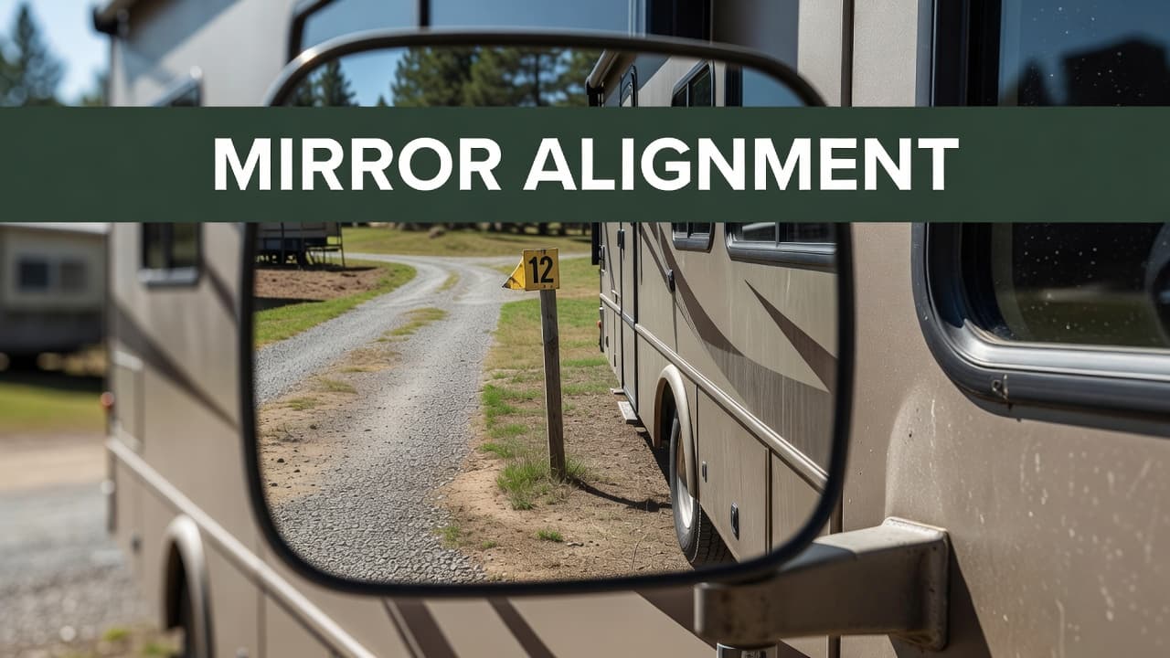 A large vehicle side mirror displays a clear reflection of the rear corner and a campsite marker. A muted green horizontal header strip at the top reads Mirror Alignment in white.