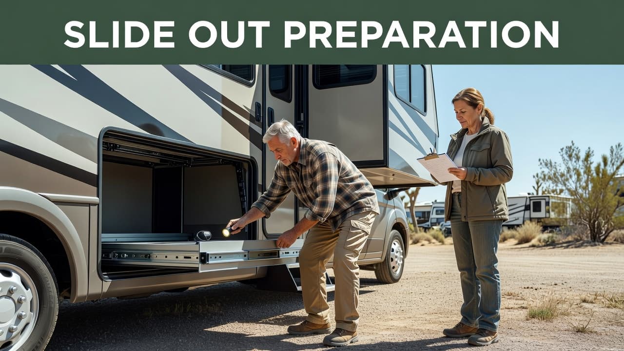 A middle-aged couple stands outside their contemporary motorhome at a scenic campsite. The husband carefully inspects the exterior slide-out mechanism to ensure the path is clear before extending the unit.