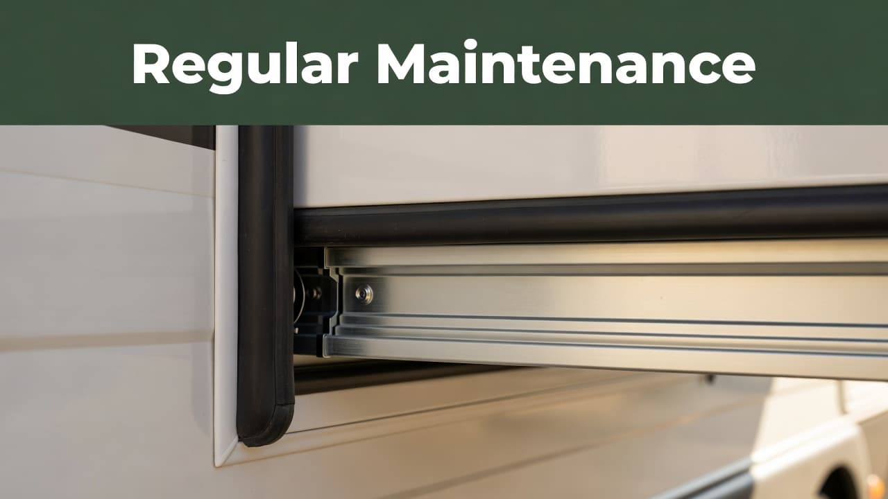 A close-up view shows a clean rubber seal and metallic track system on a travel trailer exterior. Bright afternoon sunlight highlights the debris-free tracks under a dark green maintenance header.