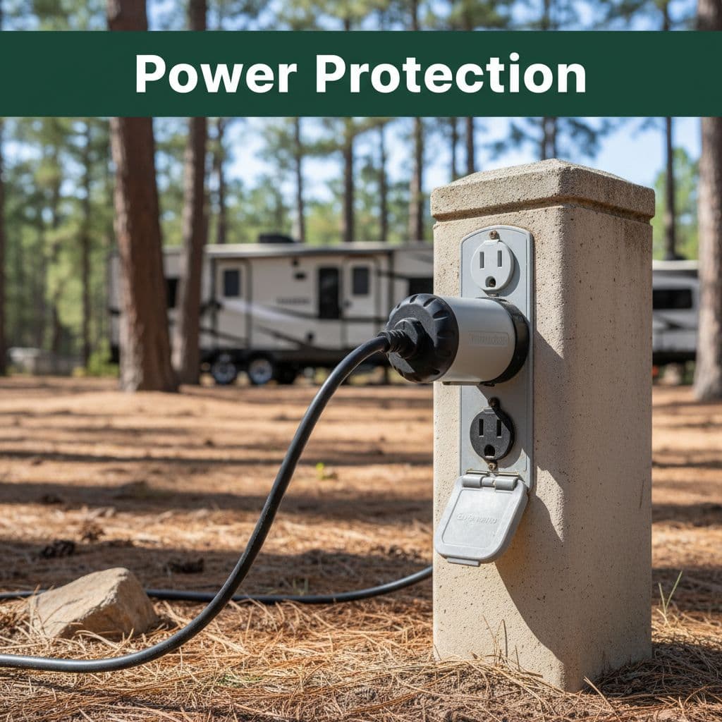 A close-up view of a rugged surge protector plugged into a weathered metal power pedestal at a campsite. A bold green header with white text rests above the connection point.