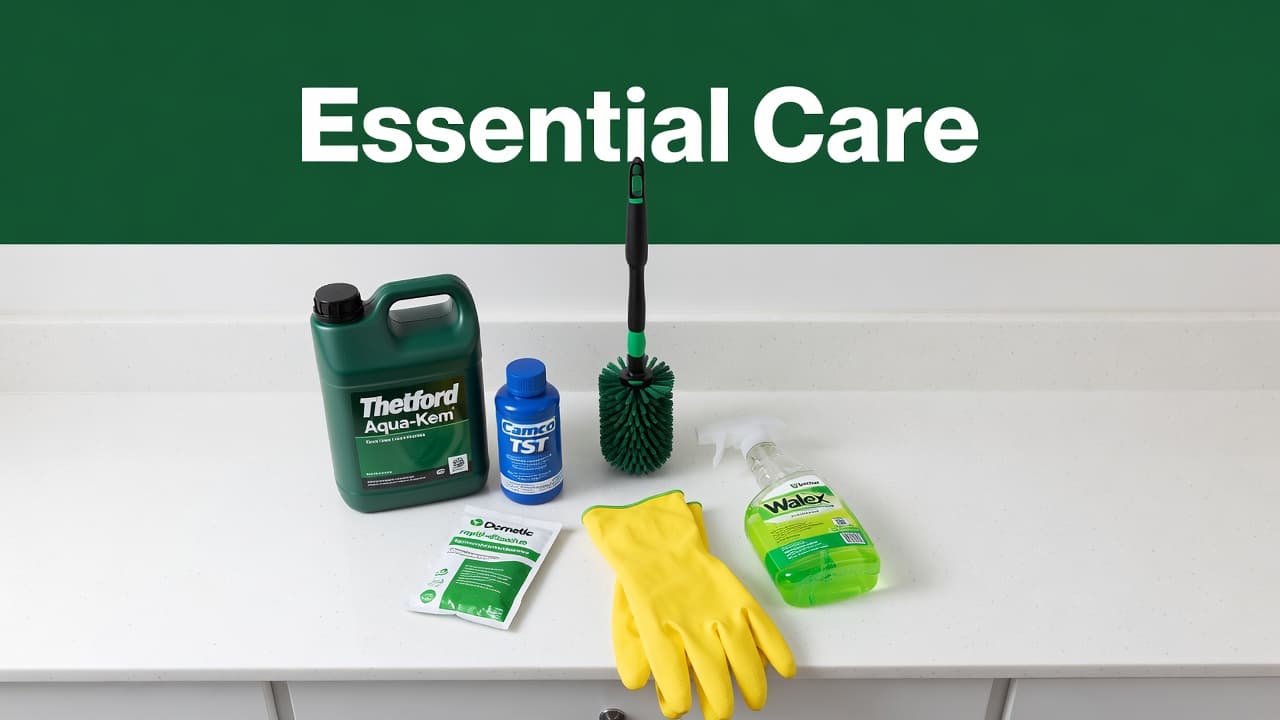 Various bottles of RV toilet chemicals and cleaning brushes are neatly arranged on a clean bathroom counter. A dark green header band at the top contains the text Essential Care clearly.