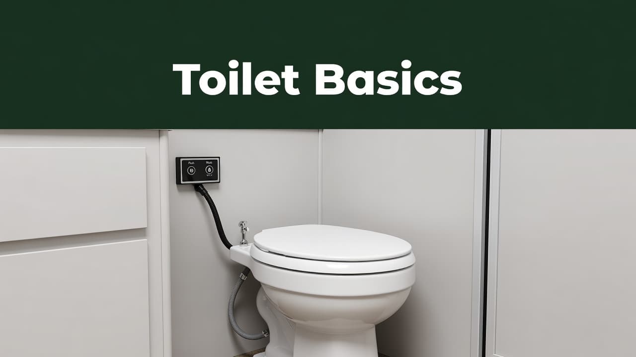 A clean illustration showcases an RV toilet setup within a compact bathroom space. A bold dark-green horizontal band rests at the top of the frame, clearly labeling the system basics.