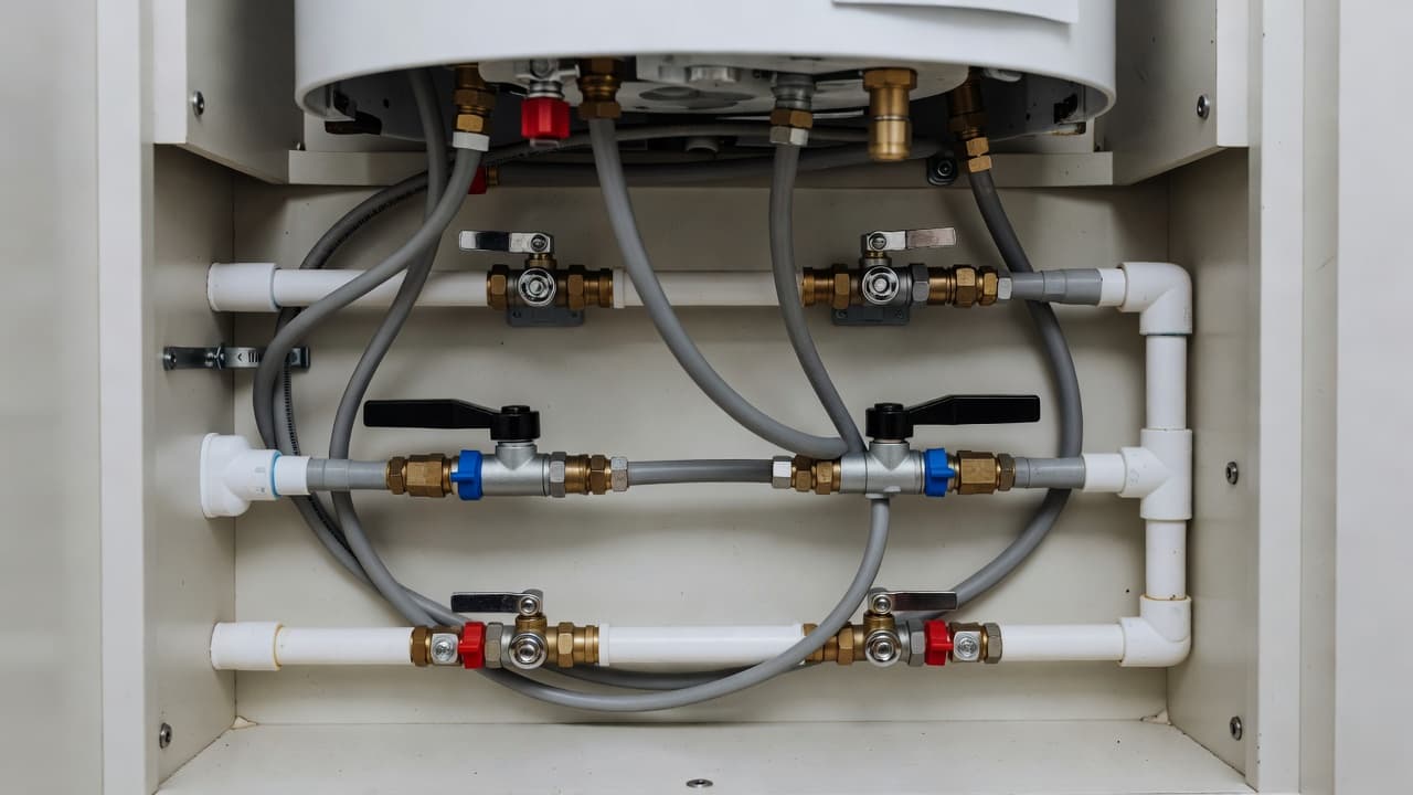 The interior plumbing bay reveals a water heater unit connected by flexible hoses and metal valves. These components are arranged to show a clear bypass configuration for winterizing the system.