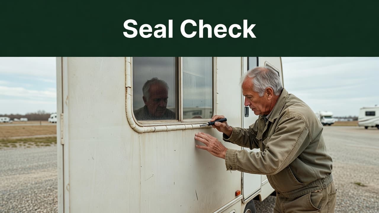 An older individual carefully examines the rubber caulking around an RV window using a steady hand. A dark green header bar featuring white text labeled Seal Check rests at the top.