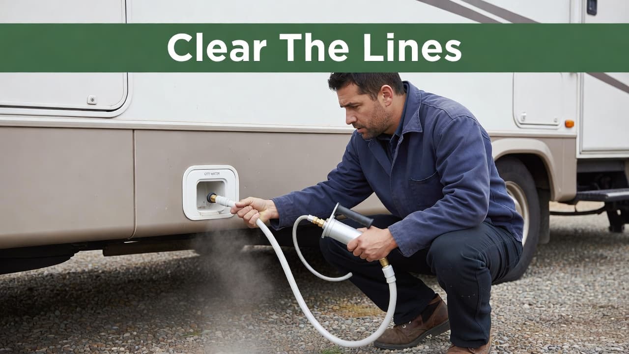 A person uses an air compressor adapter to force air through a white water hose connected to the city inlet of an RV. A dark green banner appears above the equipment.