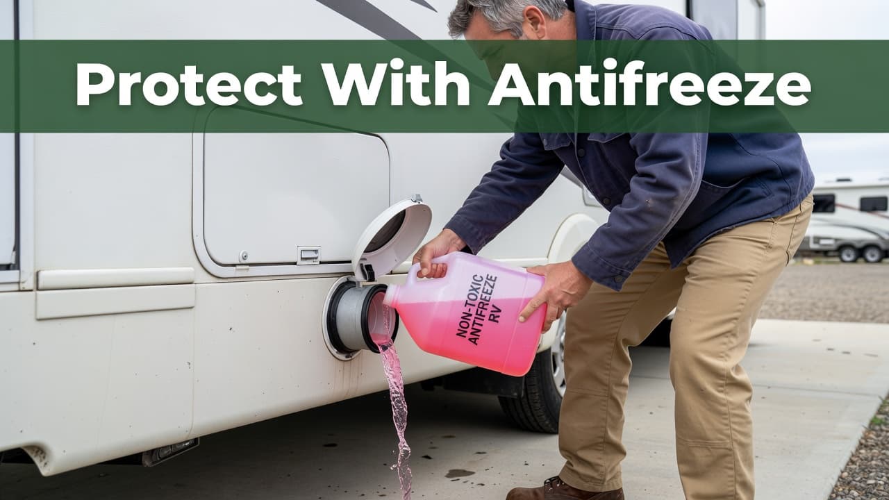 A person pours bright pink non-toxic antifreeze from a plastic jug into the RV water intake valve. The scene features a green graphic header that instructs viewers to protect their pipes.