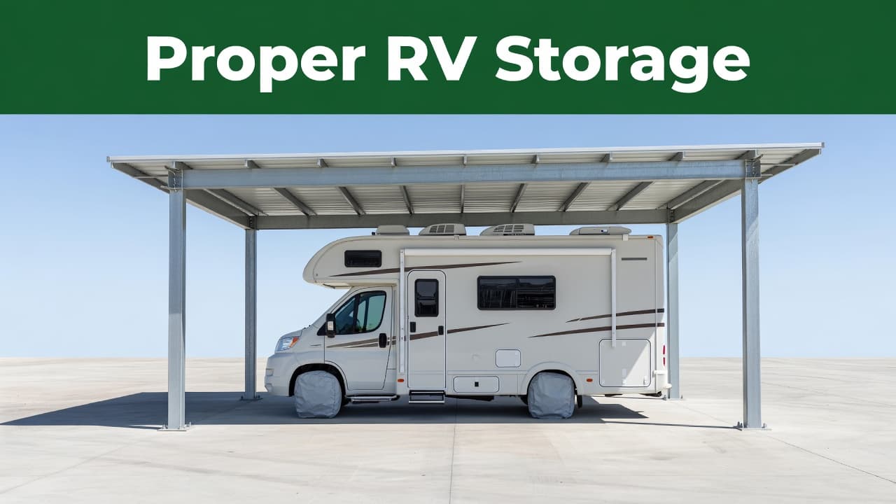 A clean recreational vehicle sits protected under a metal carport structure. Grey covers shield the tires from sun exposure, while white plastic vents are clearly visible atop the rooftop profile.