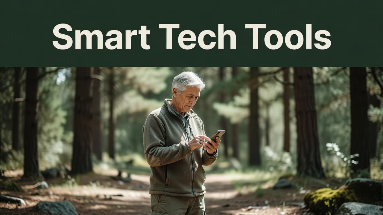 An older adult stands in a peaceful forest clearing holding a smartphone to browse campsite listings. A green informational header with bold text sits at the top of the frame.