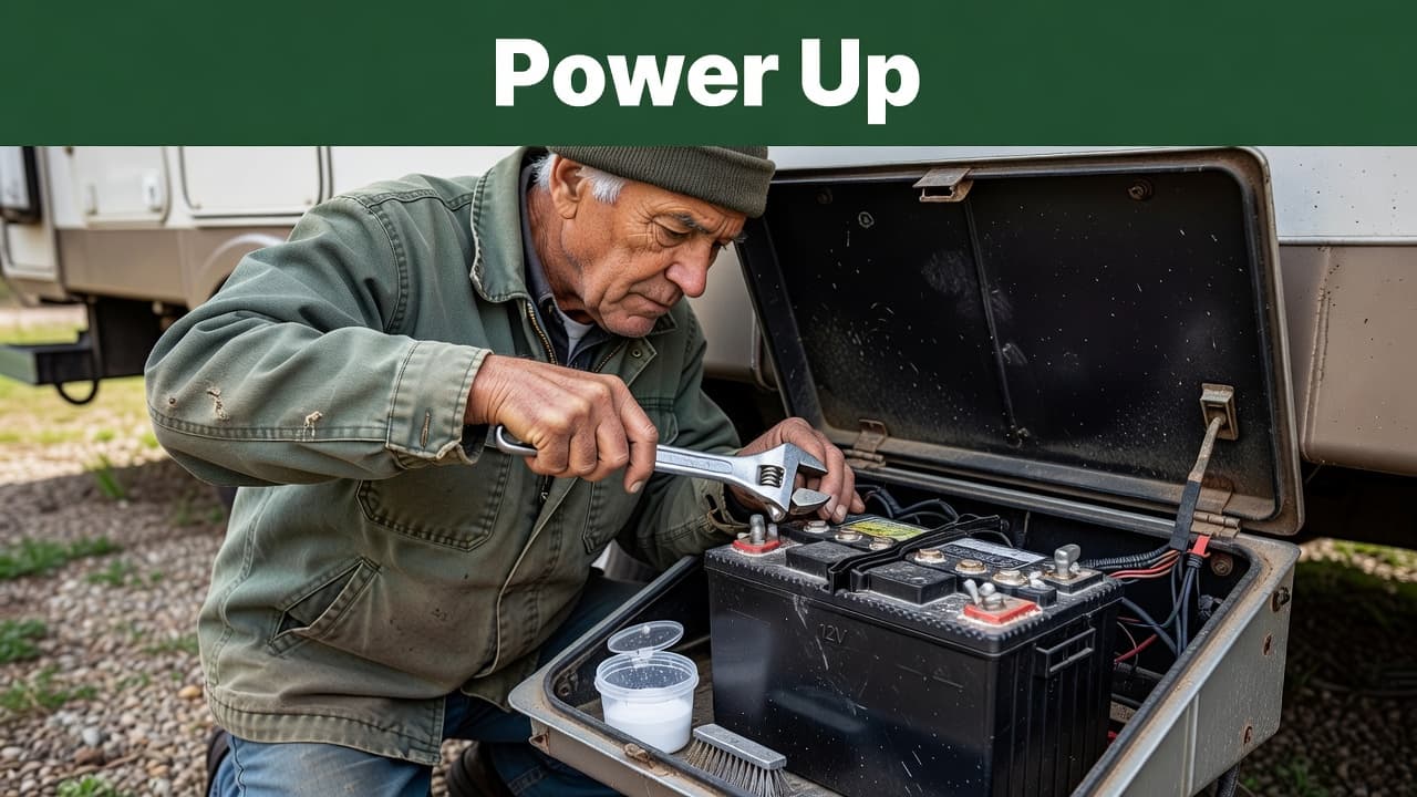 An older adult uses a silver wrench to examine a twelve-volt battery inside an open recreational vehicle compartment. The composition features a dark green banner at the top reading Power Up.