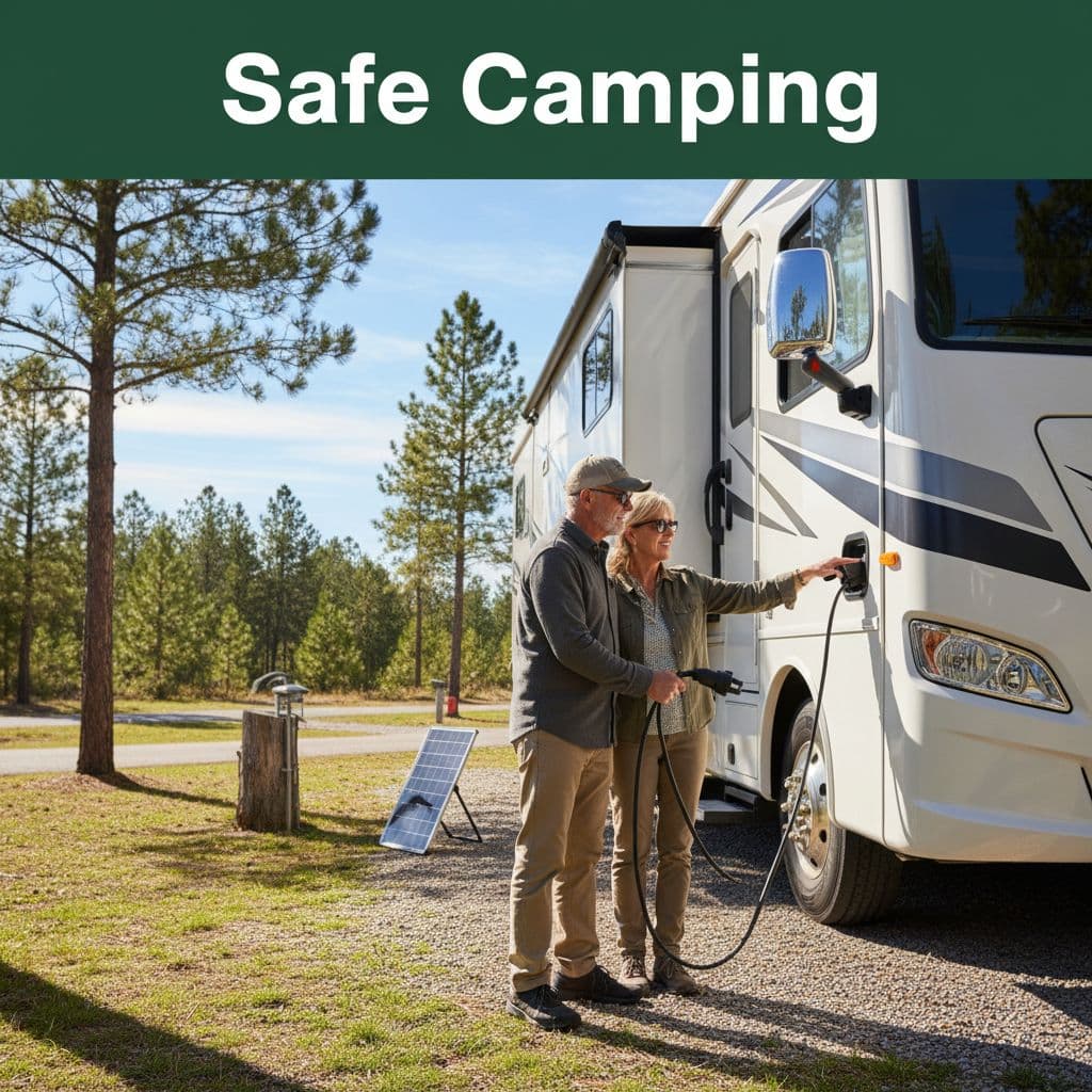 An older couple stands outside their recreational vehicle at a sunny campsite, carefully examining the external electrical power connection. A bold dark green band with white Safe Camping text sits above.