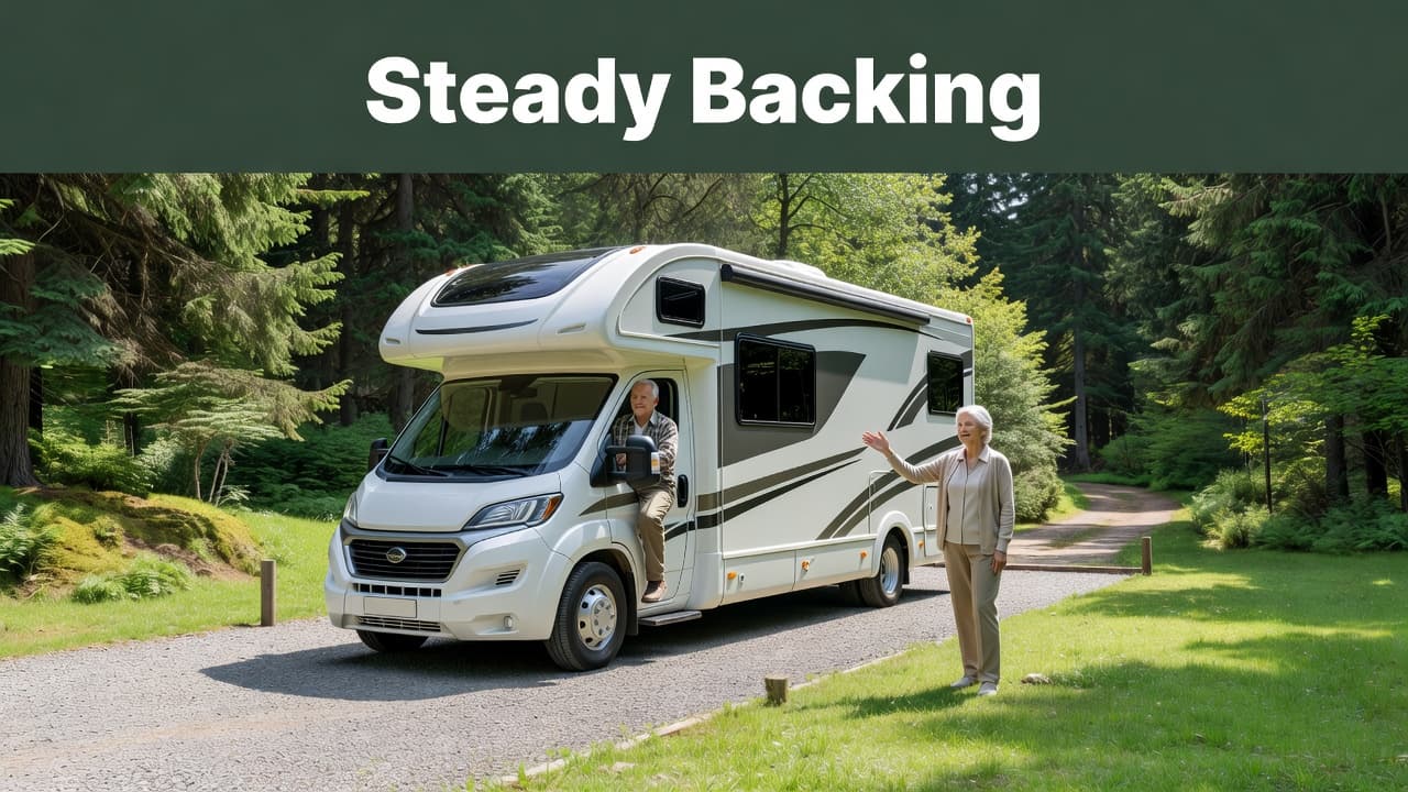 A relaxed senior couple works together to park a large RV at a scenic campsite. The man checks his mirrors while the woman guides him with a friendly hand gesture.