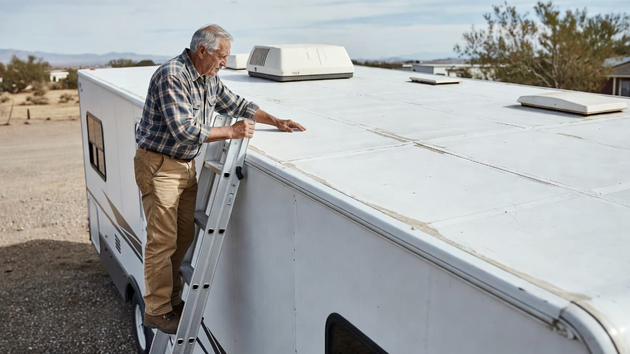 An older gentleman stands on a tall ladder to examine the white rooftop of a recreational vehicle. He carefully checks the rubber seams and sealant for potential cracks under bright daylight.