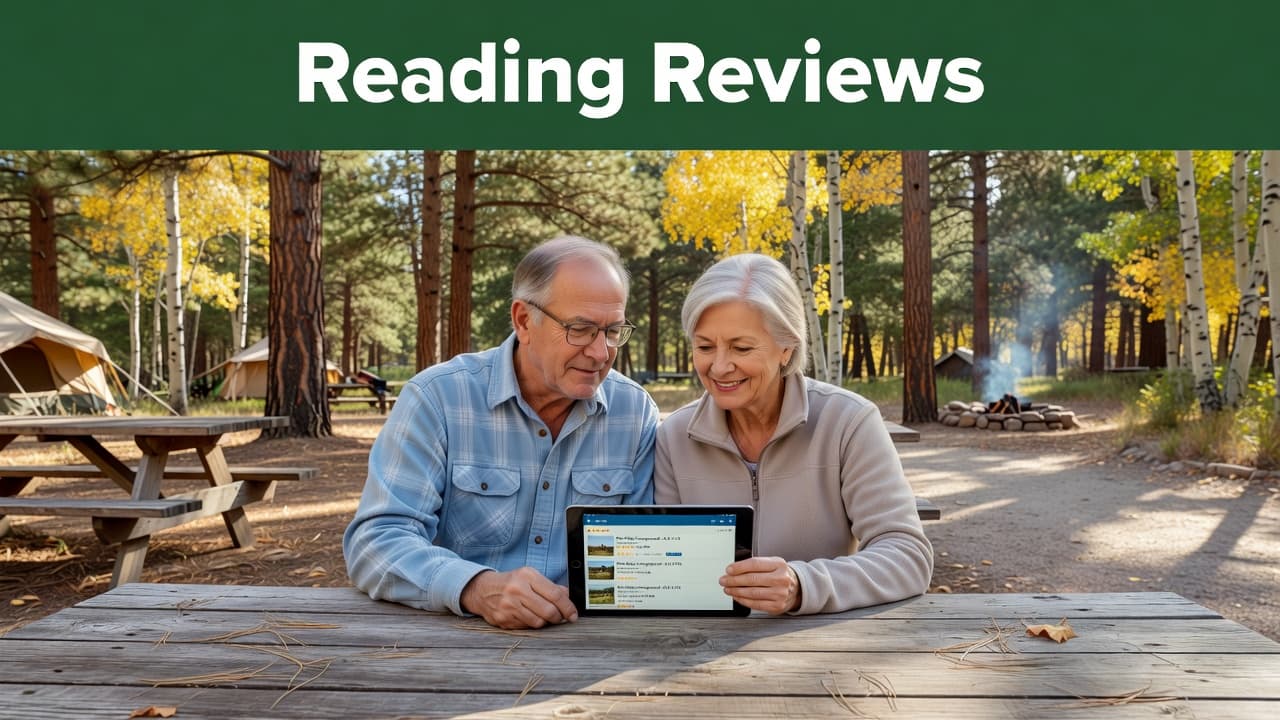 An older couple sits together at a weathered wooden picnic table in a forest campsite. They focus intently on a tablet screen, researching outdoor vacation spots under the dappled sunlight.