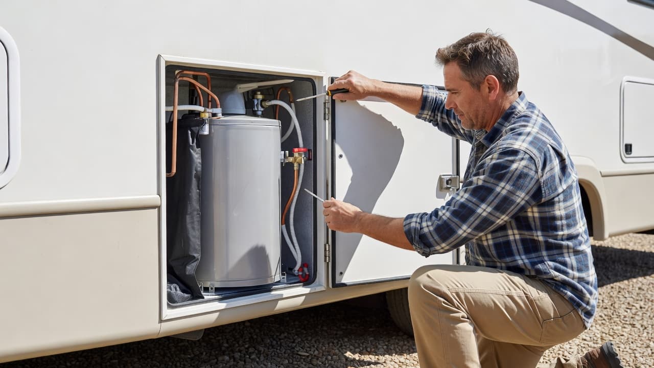 A technician carefully detaches the exterior metal panel to inspect the internal components of a recreational vehicle water heater, captured in clear natural sunlight during a routine maintenance task.