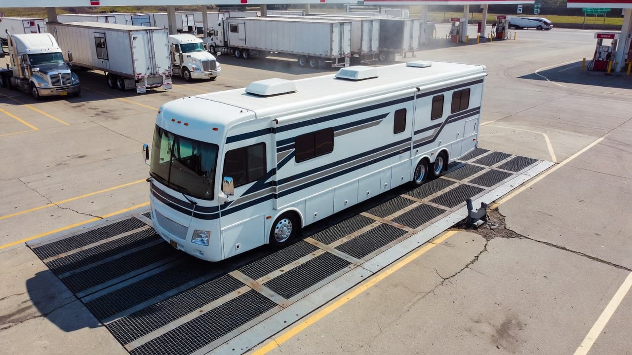 A large recreational vehicle sits centered on a massive industrial platform scale at a commercial truck stop. The overhead perspective reveals the concrete pad and surroundings under bright, clear daylight conditions.
