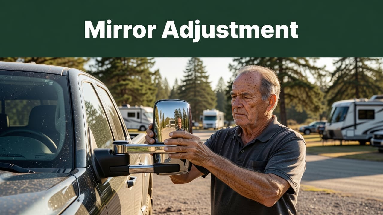An older man adjusts the side mirror of a truck while at a sunny campground.
