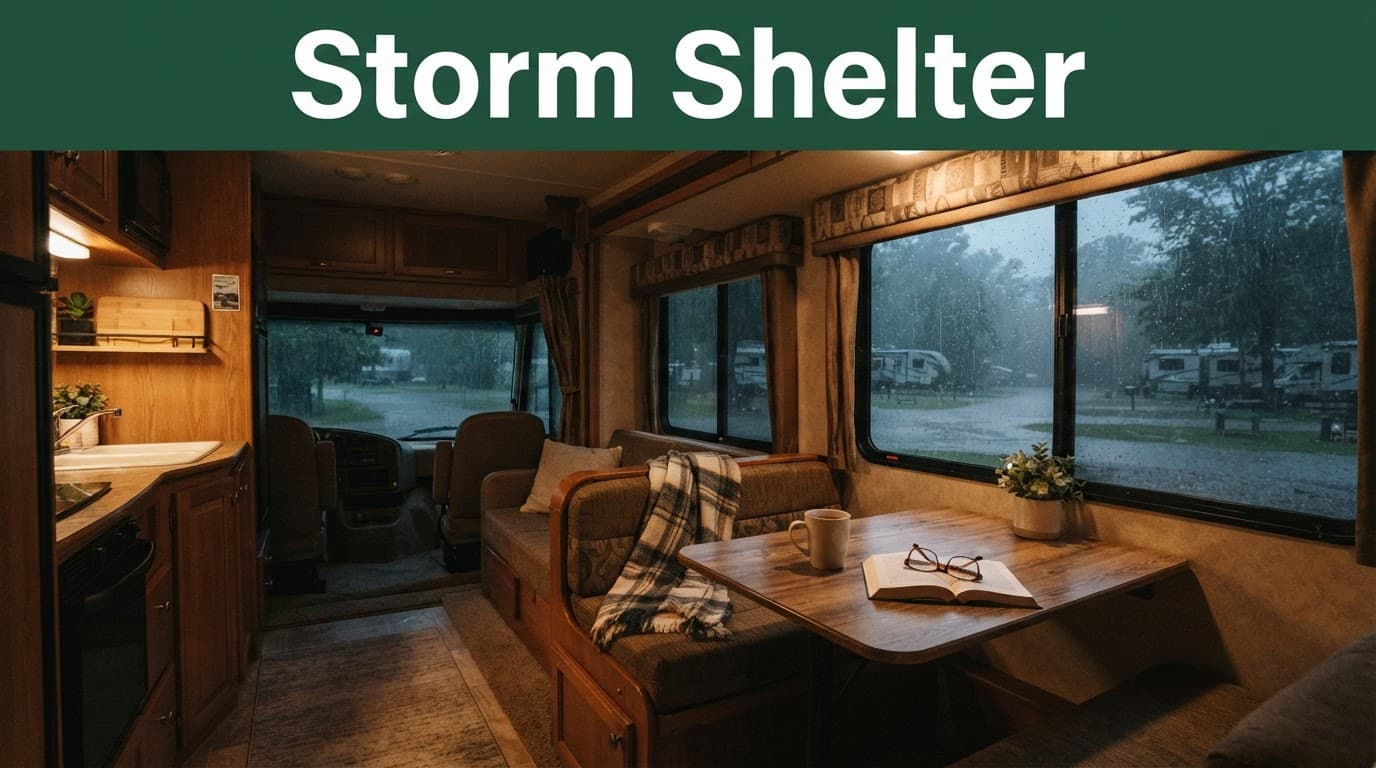 An RV interior looking out a window at a rainy campground with a dark green headline banner.