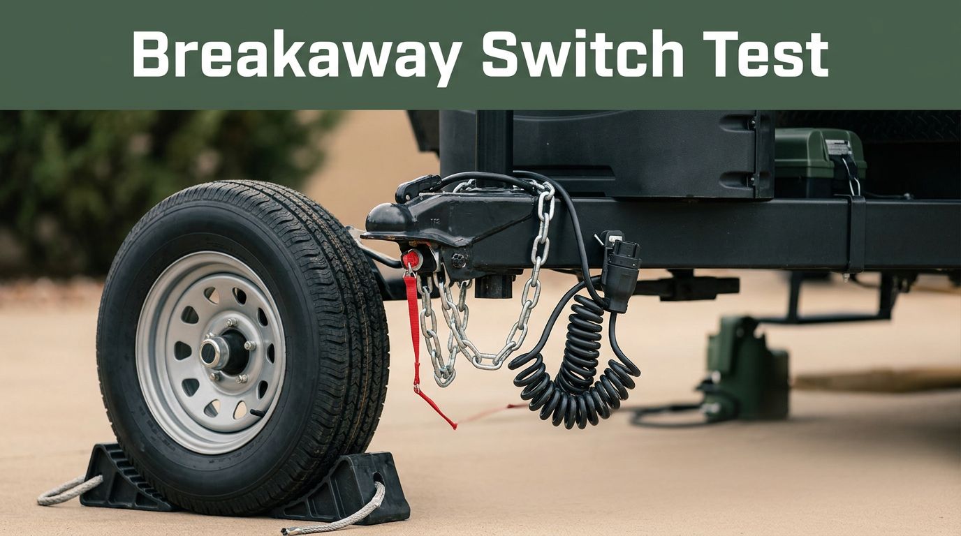 RV hitch with a pulled red breakaway lanyard, unplugged cord, and chocked wheel.