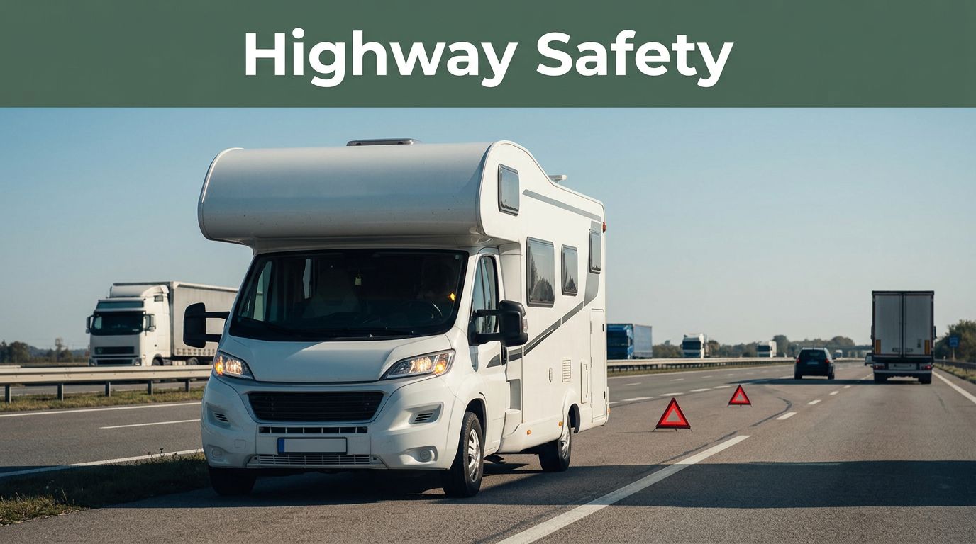 A white motorhome stopped on a highway shoulder with flashing hazard lights.