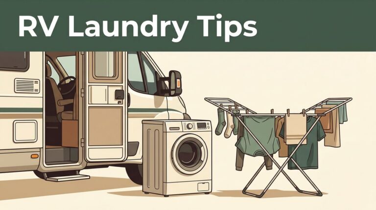 A portable washing machine and clothes drying rack outside an RV at a sunny campsite.