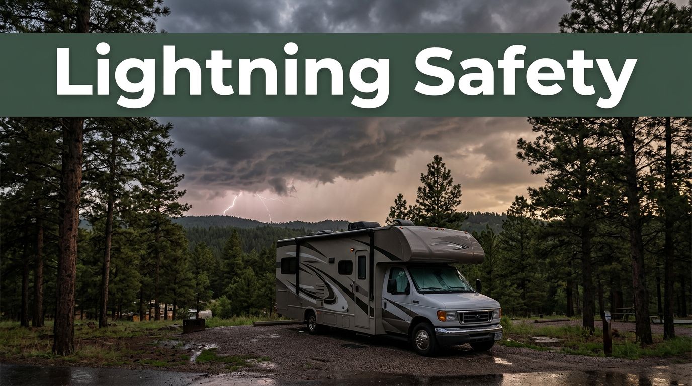 A modern motorhome parked at a wooded campground under dramatic storm clouds with distant lightning.