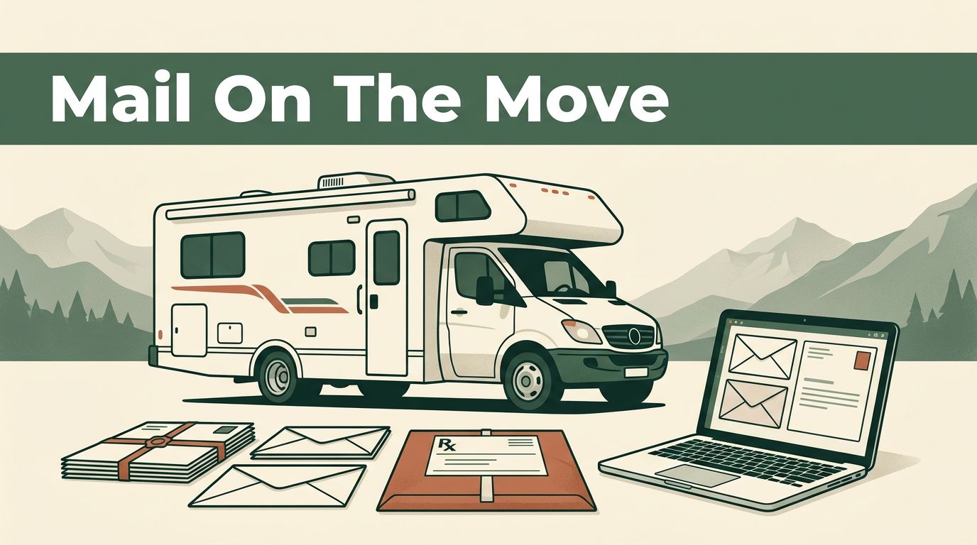 An open laptop, envelopes, and a package arranged outside a modern RV.