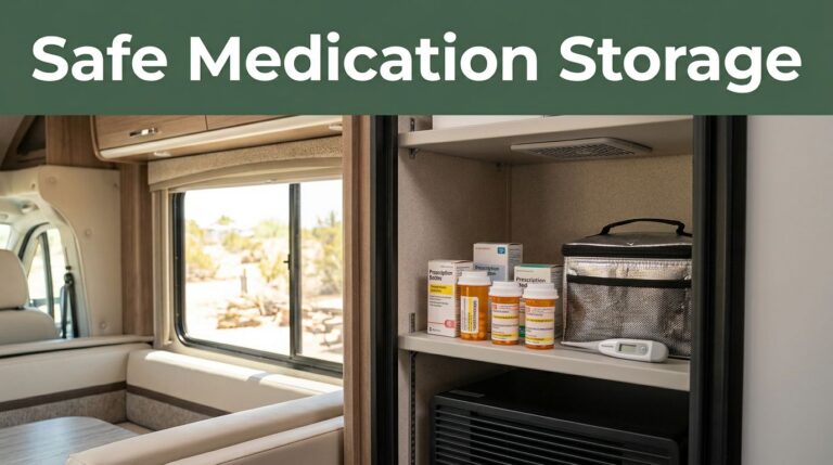 Prescription bottles and a medical bag organized inside an RV cabinet.