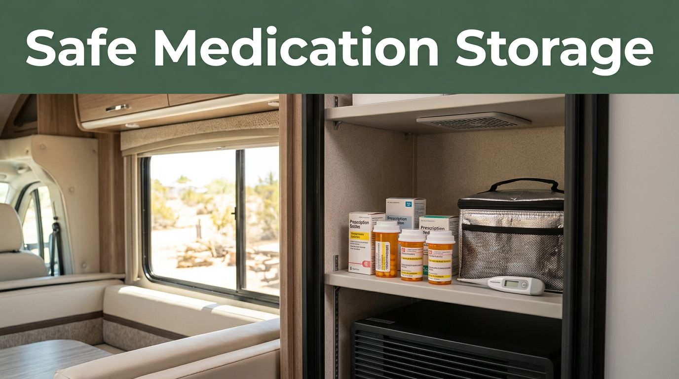 Prescription bottles and a medical bag organized inside an RV cabinet.