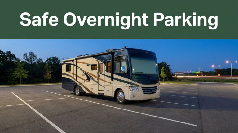 A modern RV parked in a bright interstate rest area during blue hour.